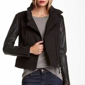Mackage Andra Moto Jacket in Black Denim with Lamb Leather Sleeves Small